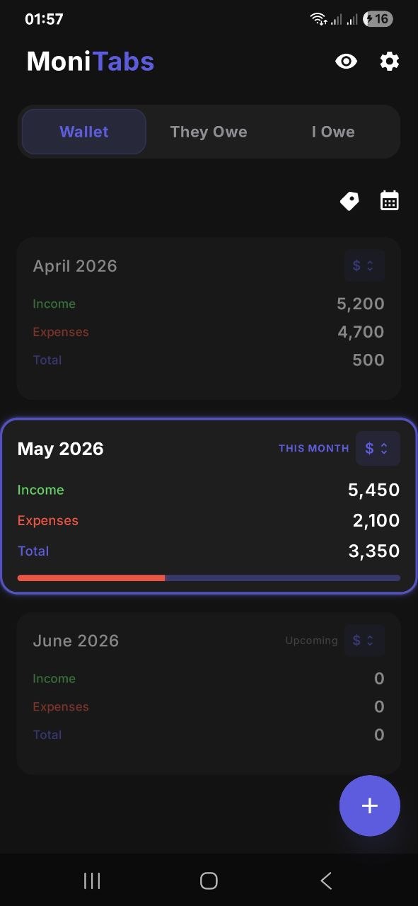MoniTabs Wallet — month list with income, expenses and totals