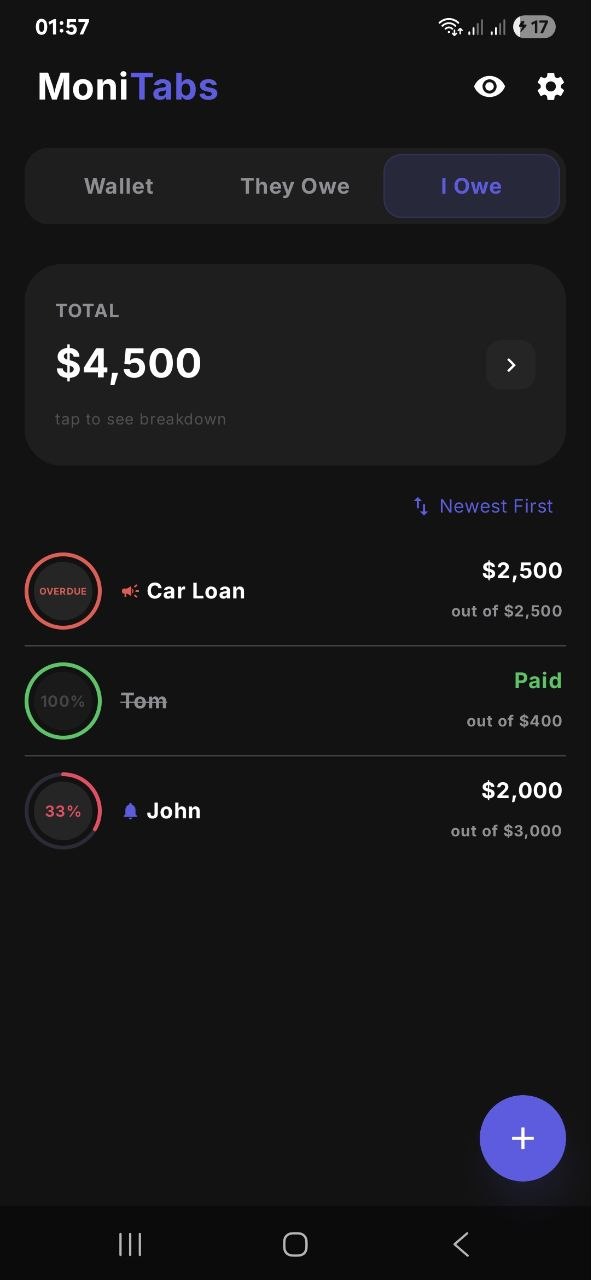 MoniTabs I Owe — list of debts with progress rings and overdue cue