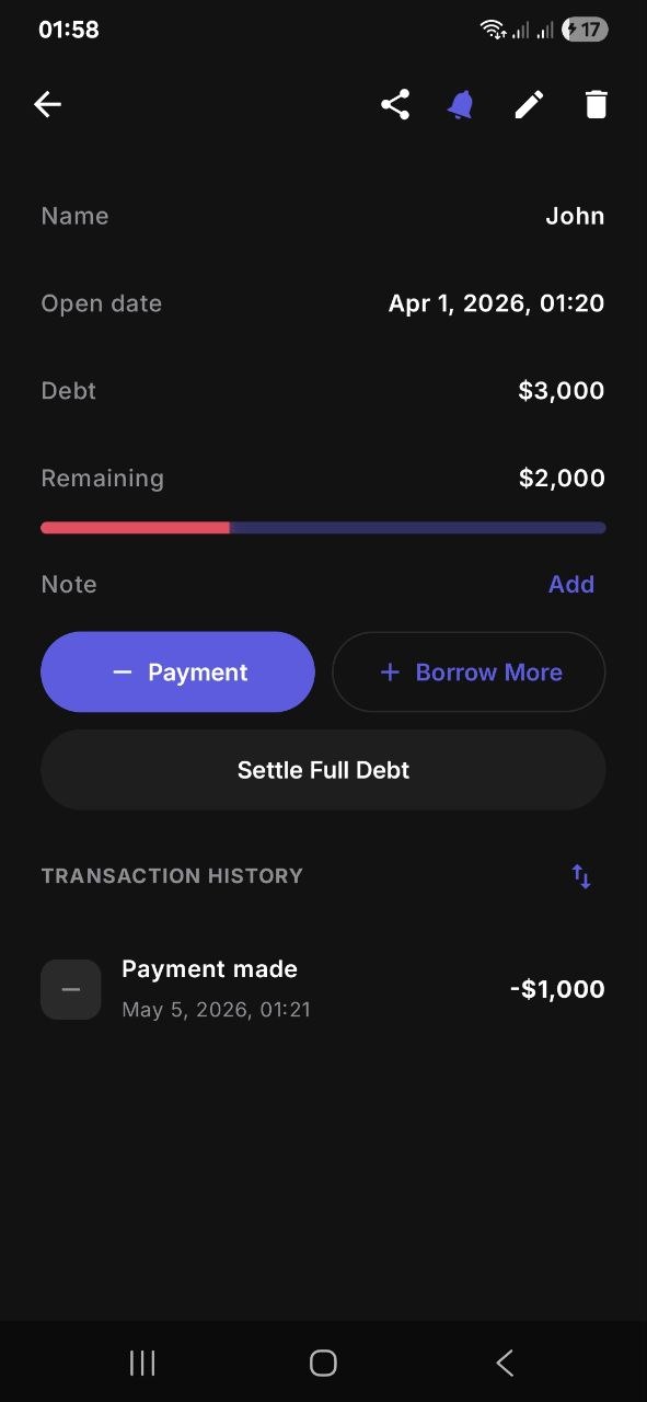 MoniTabs Debt detail — payment history and remaining balance